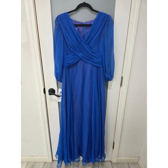 Vintage 1980s Miss Elliette California Chiffon Gown 14 Draped Blue Formal Dress - Picture 1 of 7